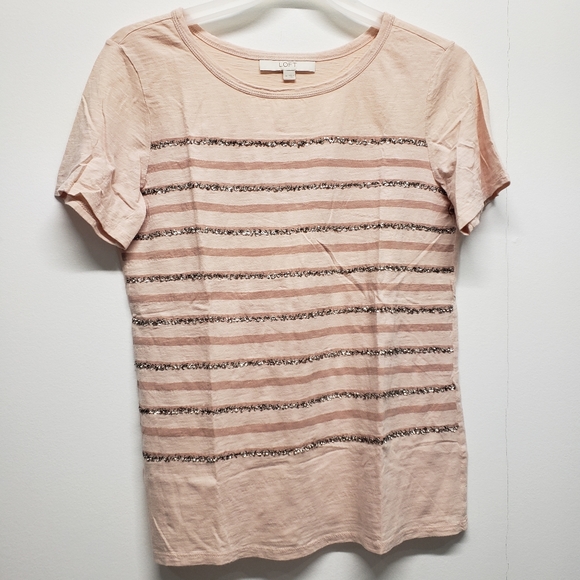 LOFT Sequin Striped Tee Top Short Sleeve Medium Blush Pink & Silver Cotton - Picture 1 of 9